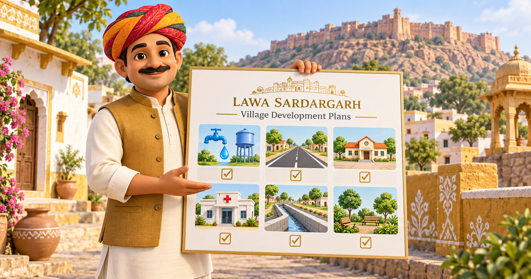 Illustrated village resident beside a village development chart. Neutral community artwork, not a candidate endorsement.